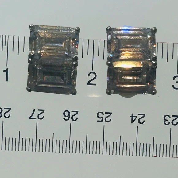 Carlisle Large Emerald Cut Crystal Clip Earrings Double Baguette Rhodium NWOT - Picture 7 of 11